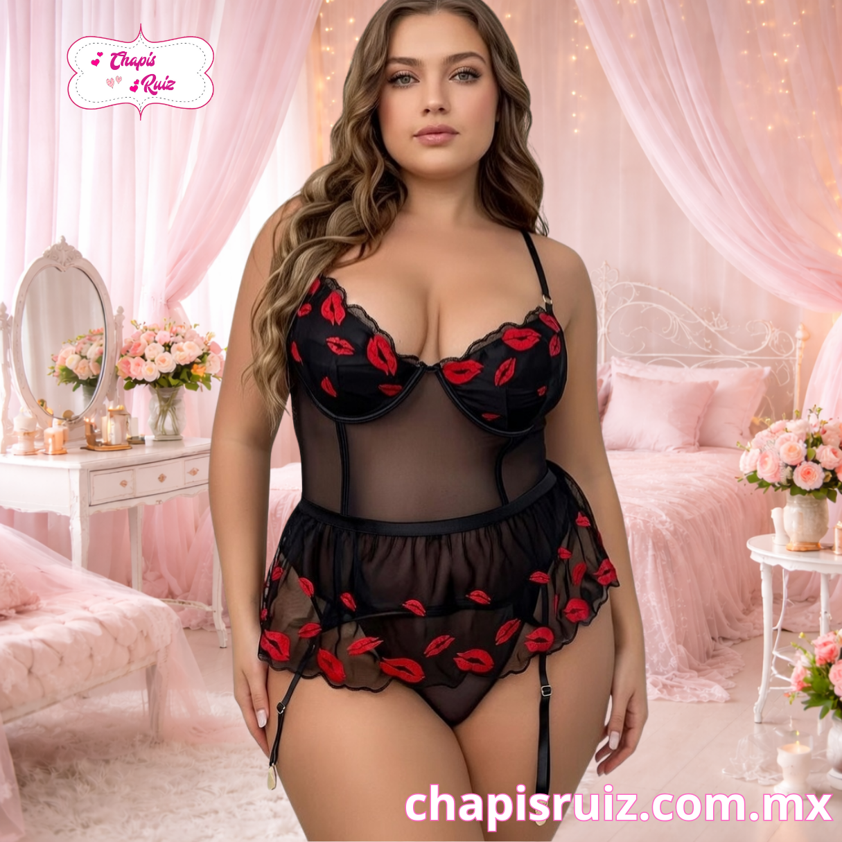 BABYDOLL NEGRO CON LABIOS ROJOS TALLA PLUS